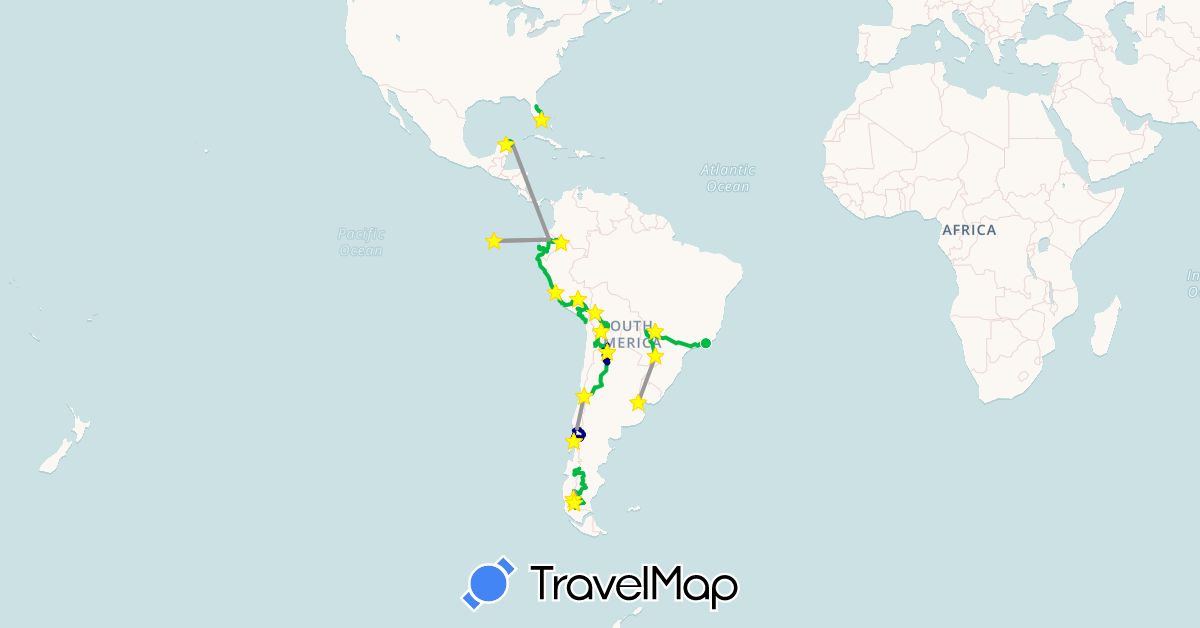 TravelMap itinerary: driving, bus, plane in Argentina, Bolivia, Brazil, Chile, Ecuador, Mexico, Peru, United States (North America, South America)